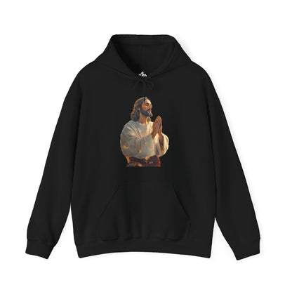 Black hoodie featuring artistic image of praying Jesus, Christian faith apparel