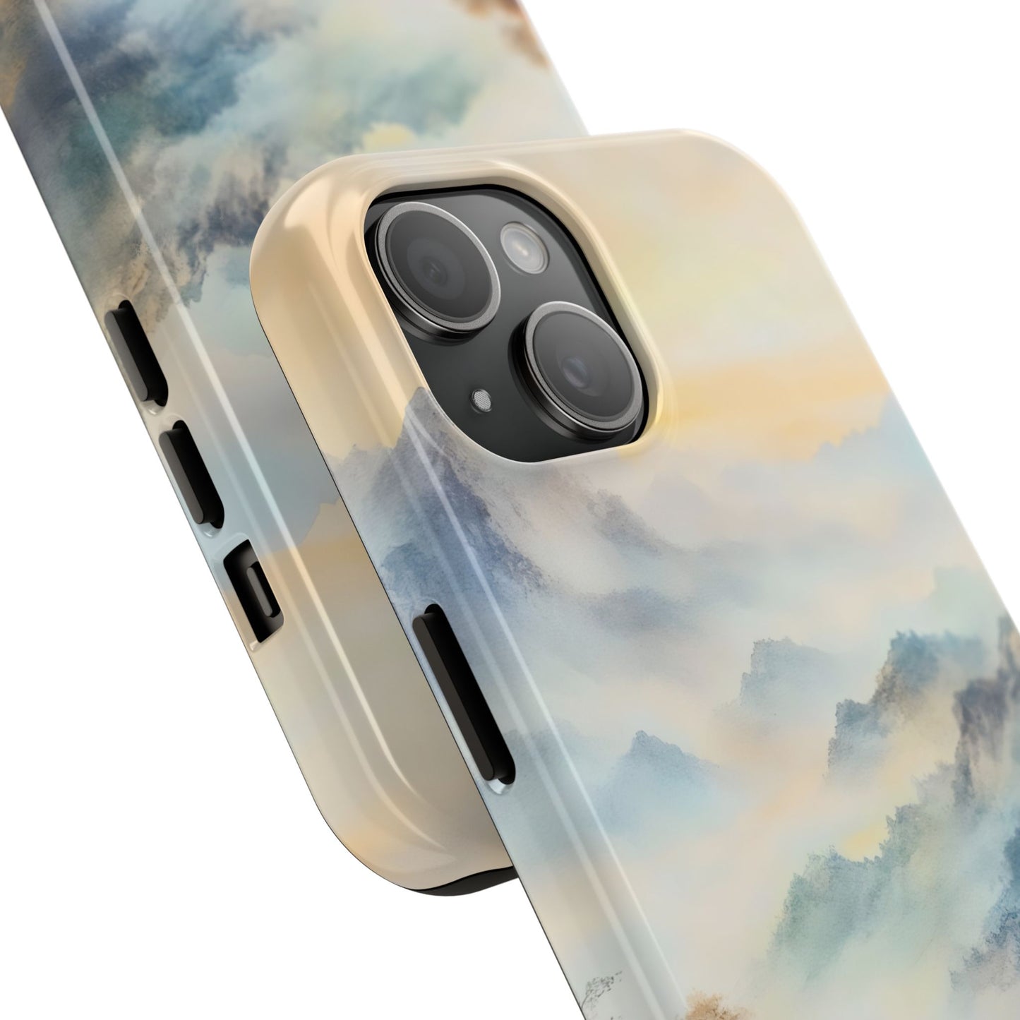 Close-up of a phone case with abstract pastel watercolor cloud design, soft serene colors.