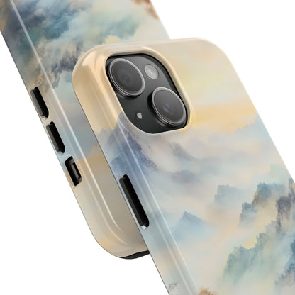 Close-up of a phone case with abstract pastel watercolor cloud design, soft serene colors.