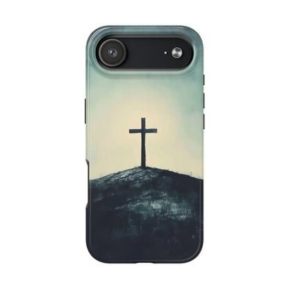 Christian cross on hill phone case, spiritual minimalist faith-inspired design