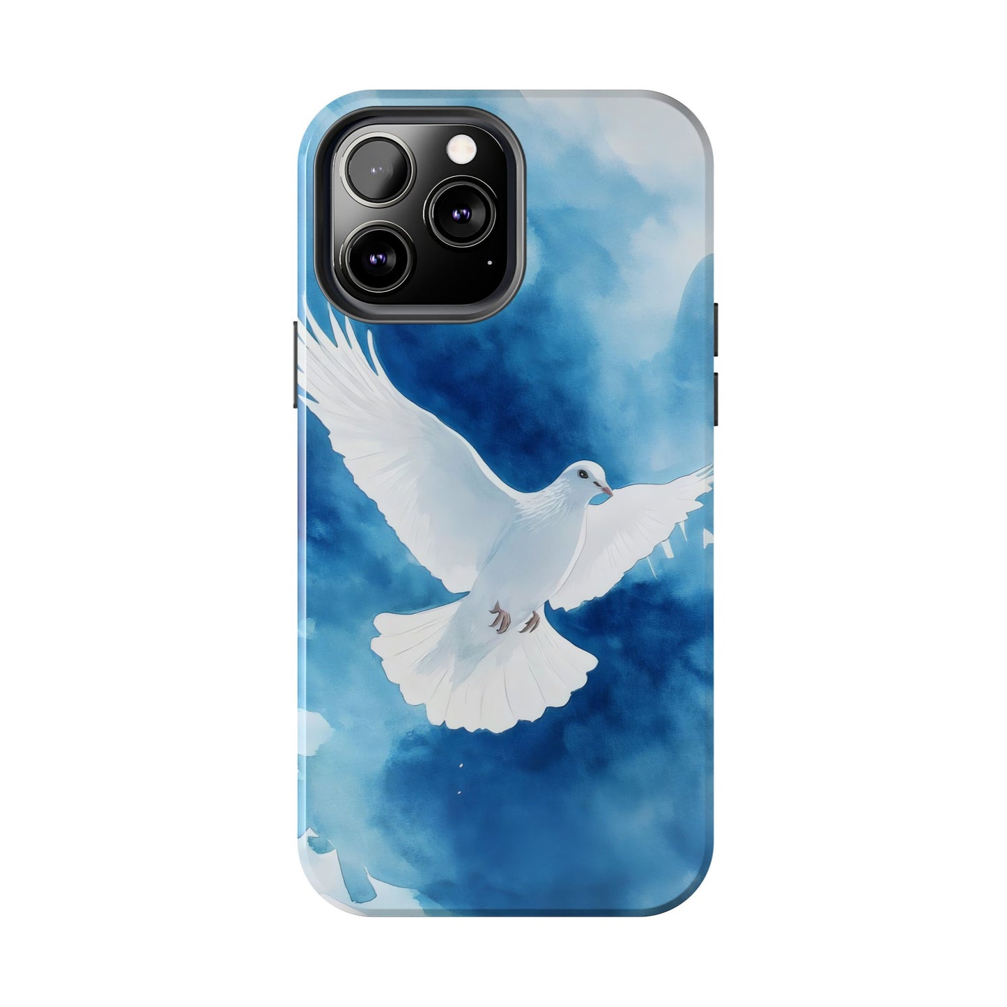 Phone case with a white dove illustration on a blue watercolor background, spiritual design