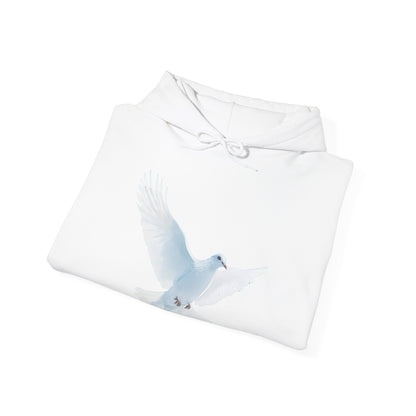 White Christian hoodie with flying dove graphic, faith-inspired apparel on white background