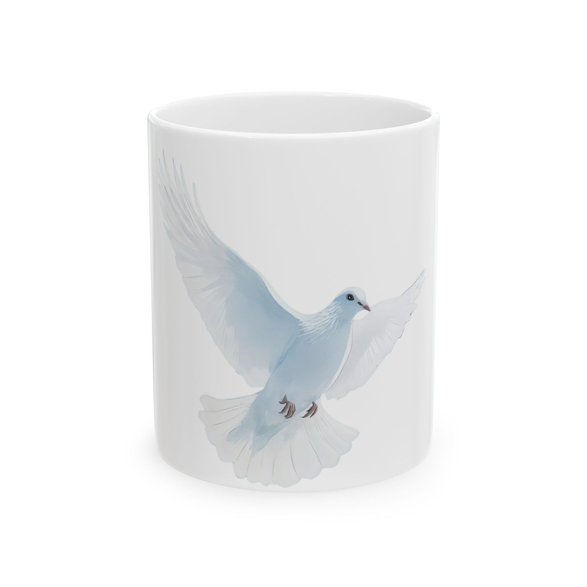 White ceramic mug with a watercolor-style dove illustration, symbolizing peace and faith