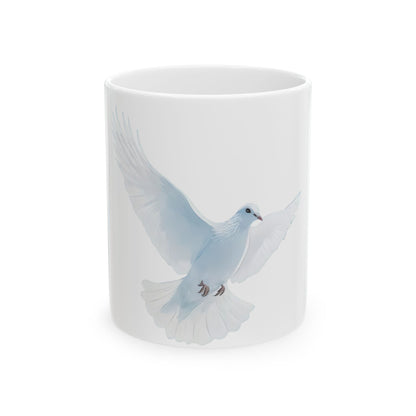 White ceramic mug with a watercolor-style dove illustration, symbolizing peace and faith