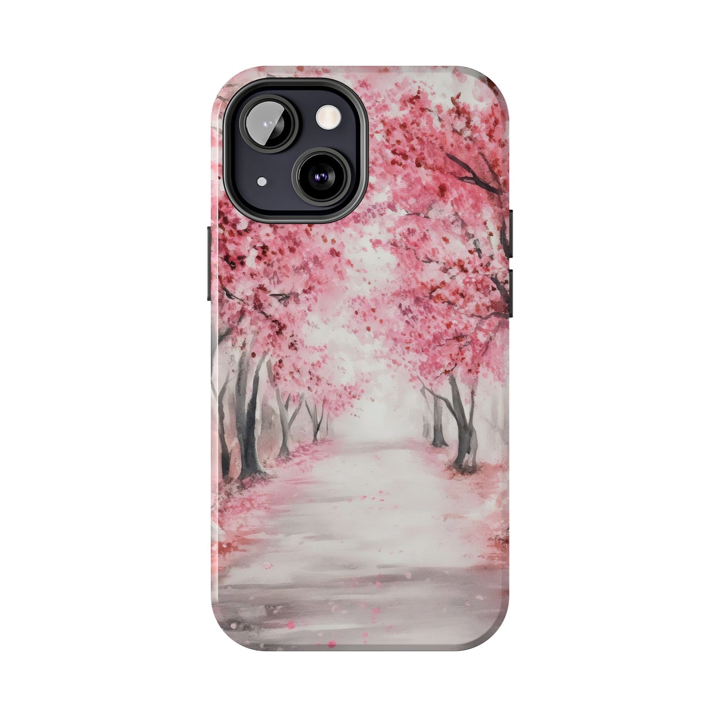 iPhone case with watercolor cherry blossom trees and peaceful pink path design