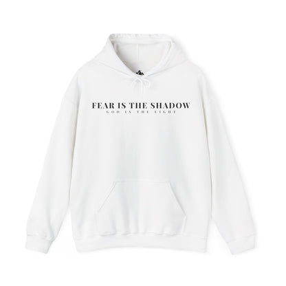 White Christian hoodie with 'Fear is the Shadow, God is the Light' inspirational quote