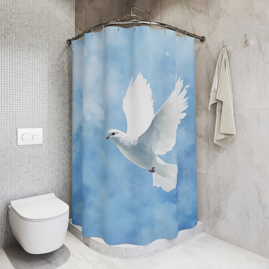 Shower curtain with white dove illustration on a blue sky, in modern bathroom.