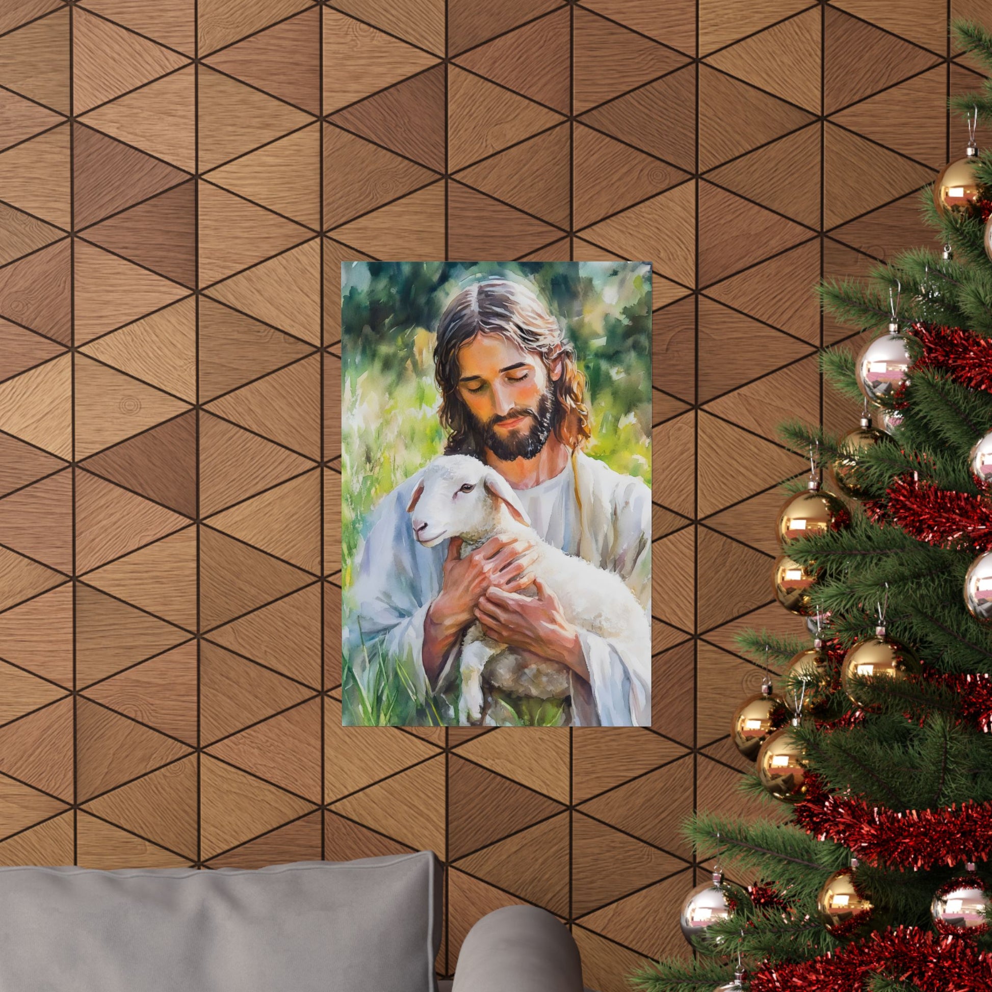 Christian wall art of Jesus holding a lamb, displayed near a decorated Christmas tree