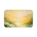 Sunlit Mountain Mist Bath Mat | Watercolor Landscape, Green Yellow Tones