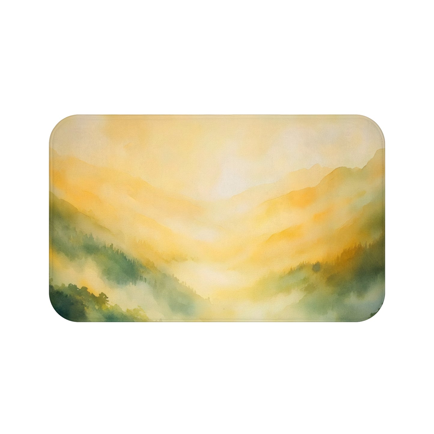 Watercolor mountain landscape bath mat with yellow sunrise and misty green forest