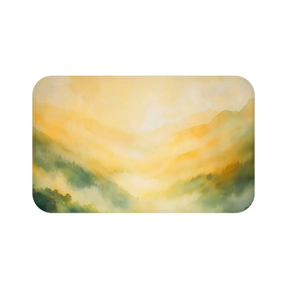 Watercolor mountain landscape bath mat with yellow sunrise and misty green forest