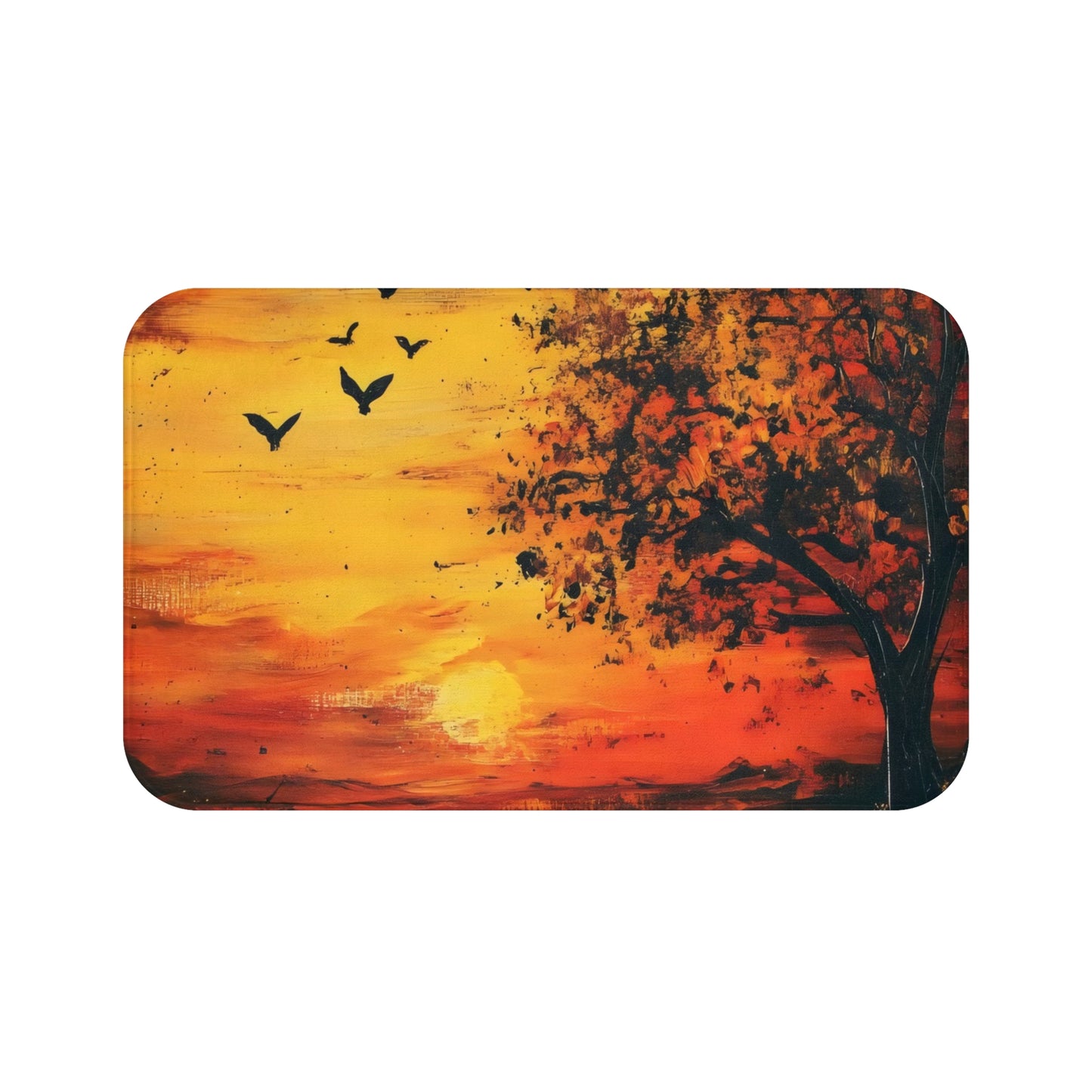 Christian wall art mat with tree silhouette, flying birds, and vibrant sunset background