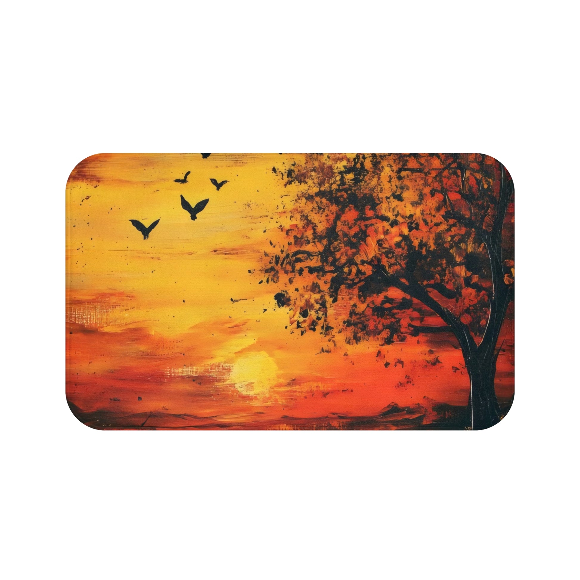 Christian wall art mat with tree silhouette, flying birds, and vibrant sunset background