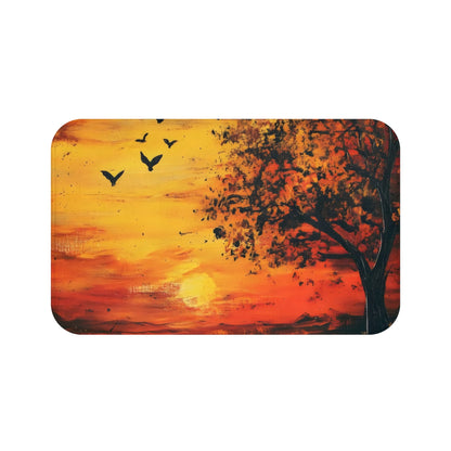 Christian wall art mat with tree silhouette, flying birds, and vibrant sunset background