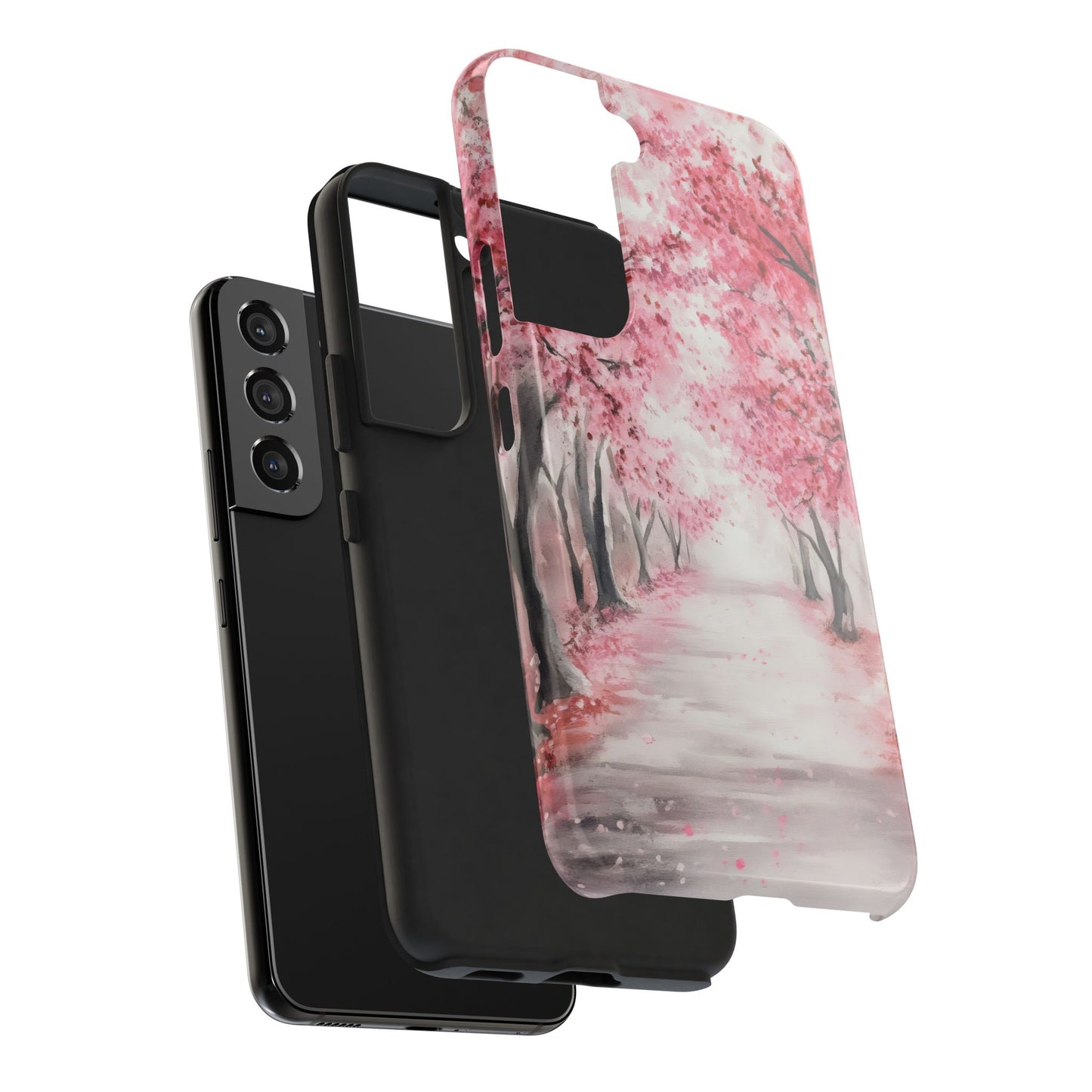 Samsung phone with protective cases, one featuring pink flower tree path art