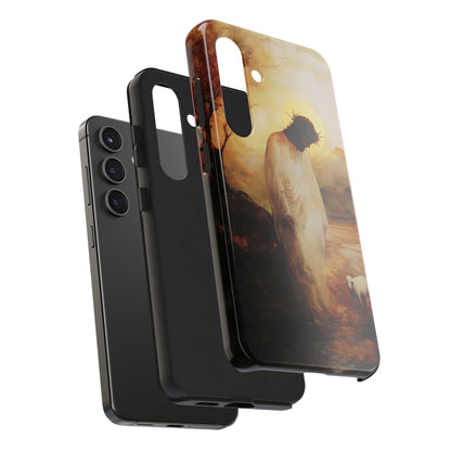Christian phone case with Jesus in a pastoral scene, crown of thorns and a lamb