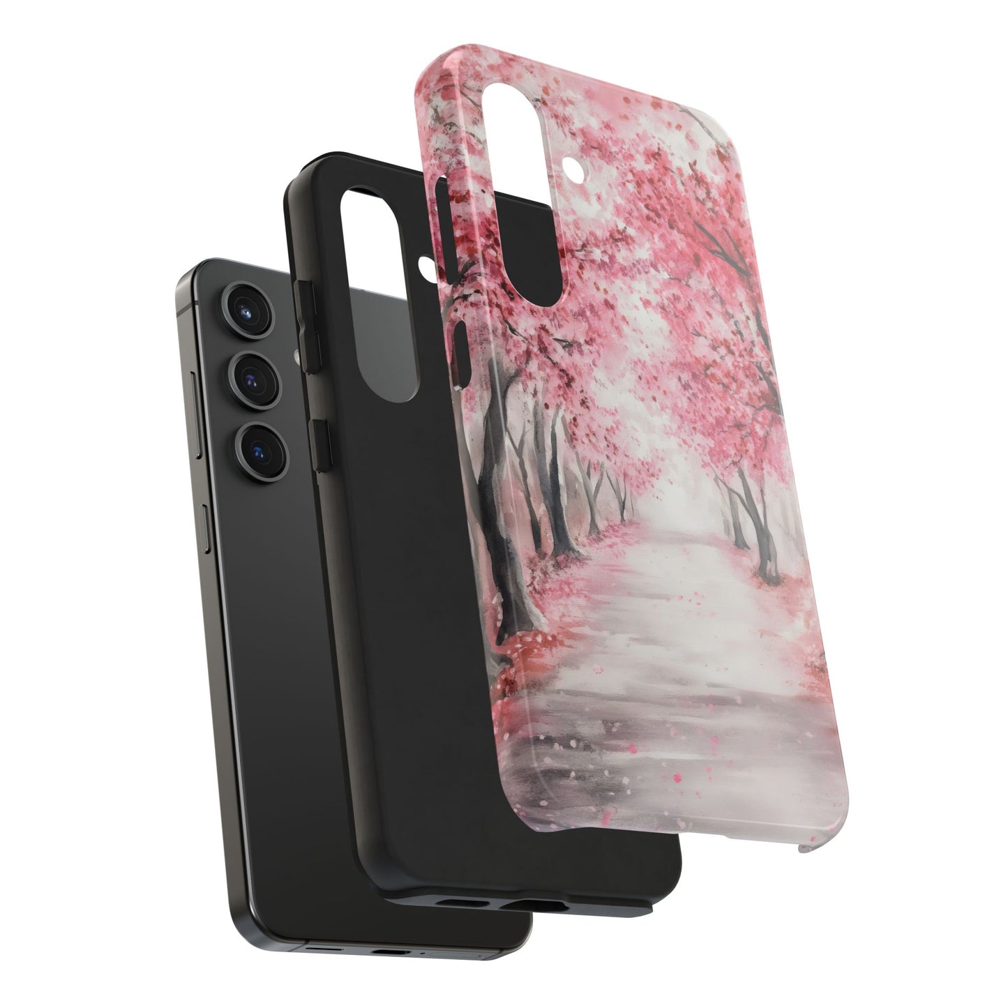 Phone case with cherry blossom tree path design, pink floral art, protective smartphone cover