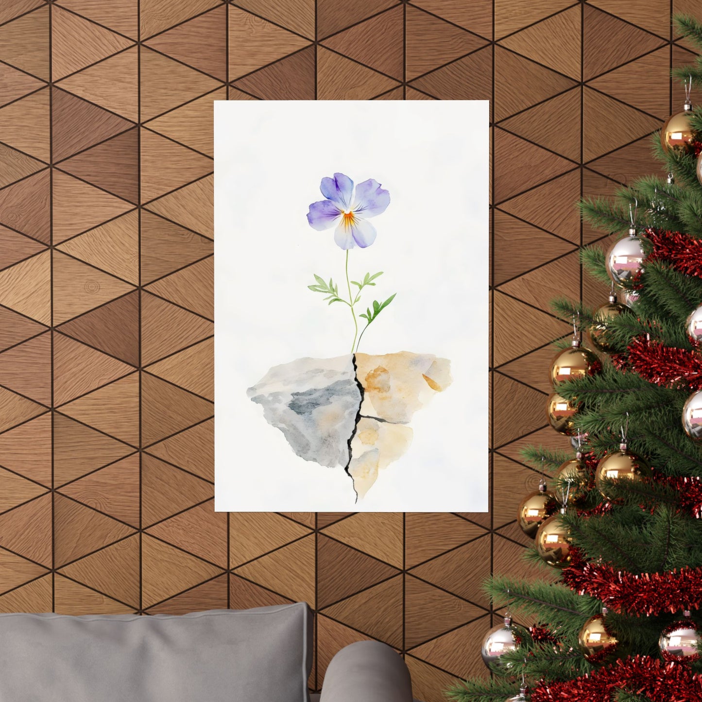 Watercolor flower growing from cracked rock wall art, modern living room, Christmas decor