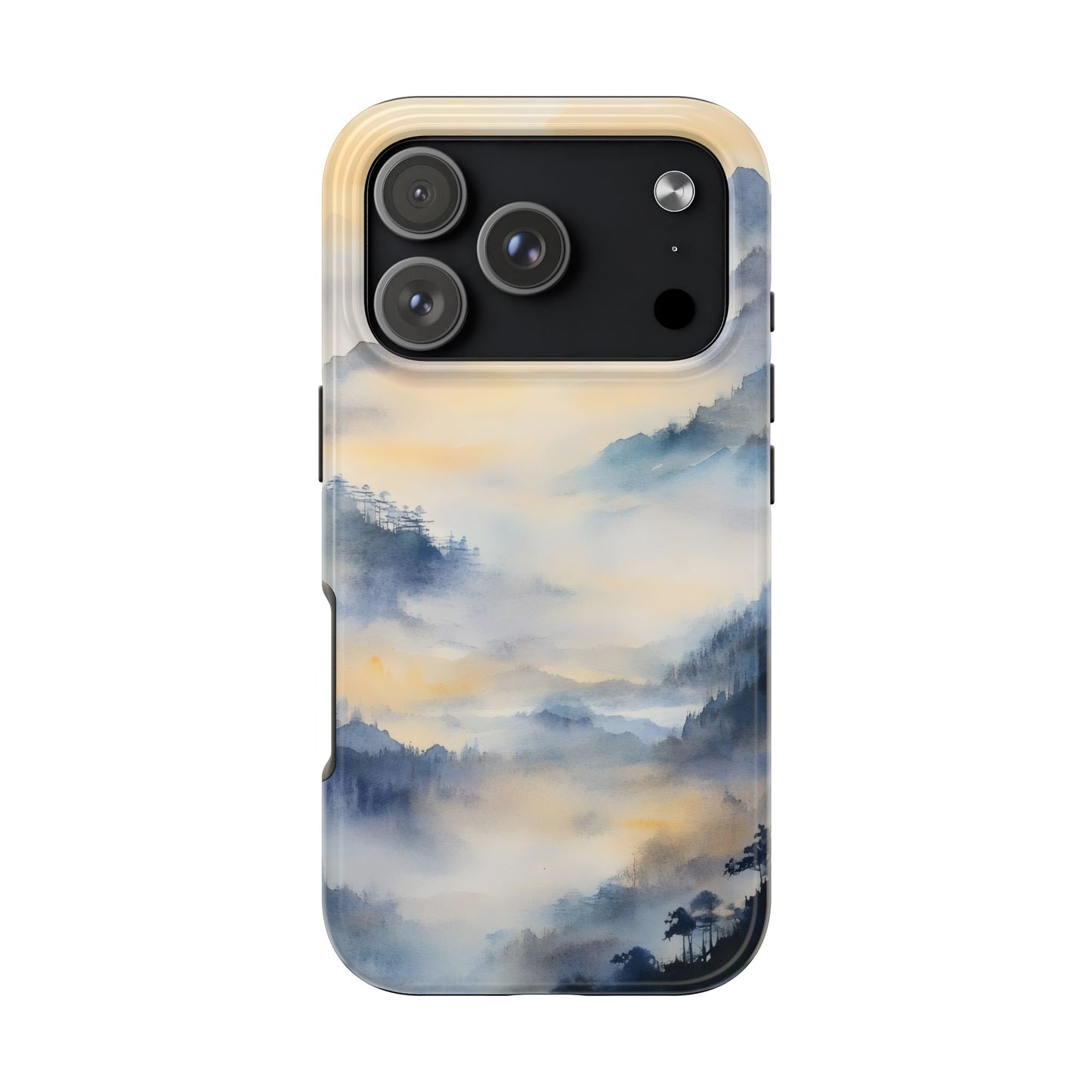 Phone case with serene misty mountain landscape in blue and gold watercolor design