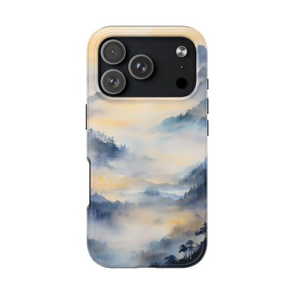 Phone case with serene misty mountain landscape in blue and gold watercolor design