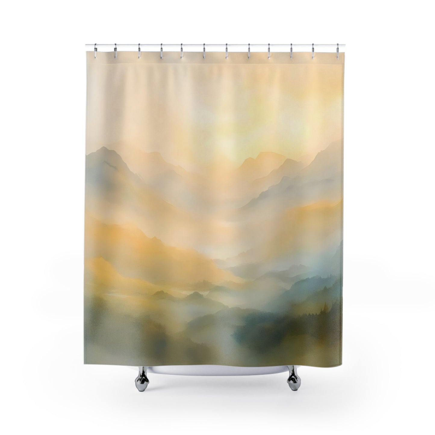 Shower curtain featuring a serene mountain landscape in soft golden and blue tones
