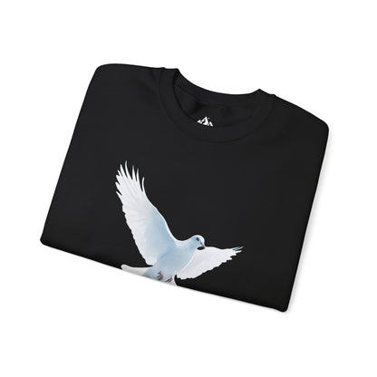 Black Christian sweatshirt with white dove graphic, folded on white background