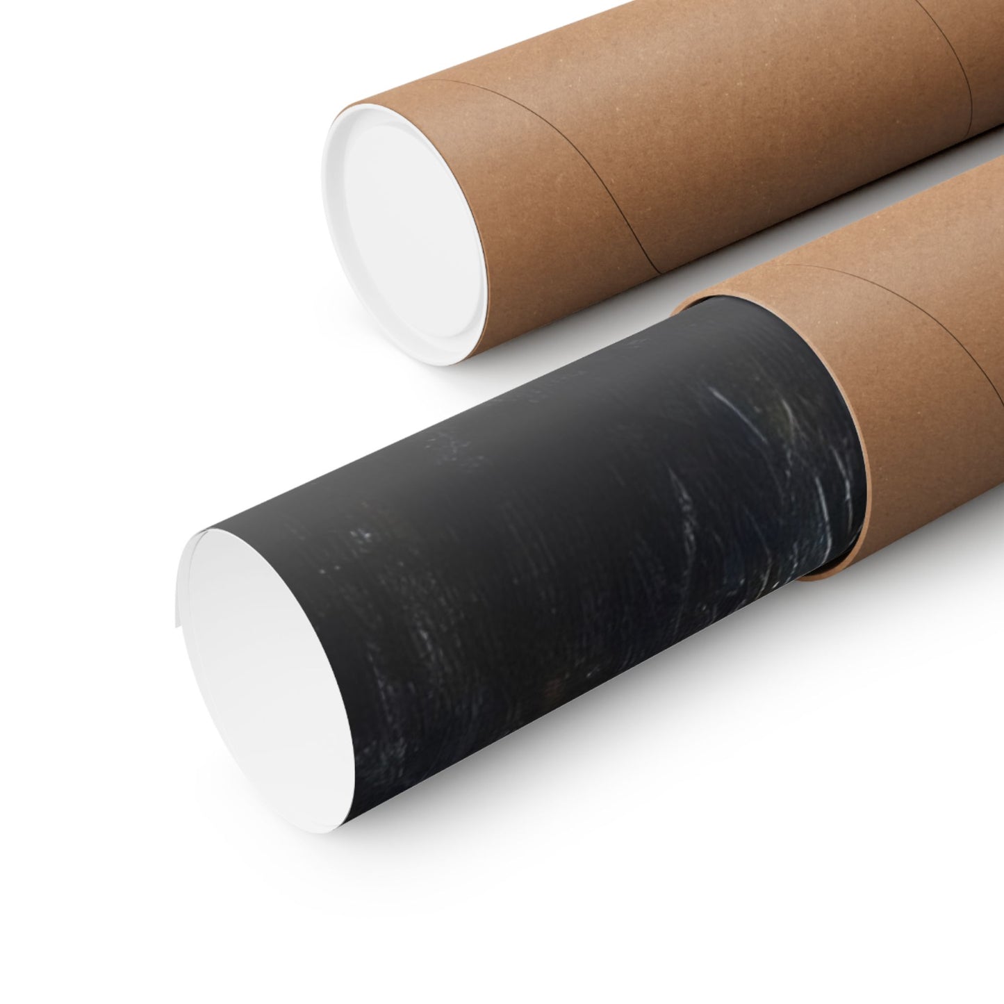 Two cardboard poster tubes, one open with a rolled black art print, on a white background.