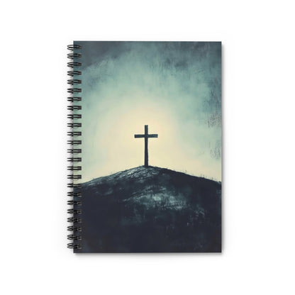 Christian spiral notebook with cross on hill, faith-inspired minimalist cover art