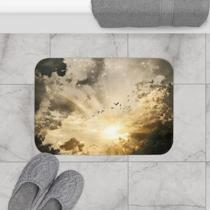 Bathroom floor mat with sun rays through clouds and birds, inspirational faith decor
