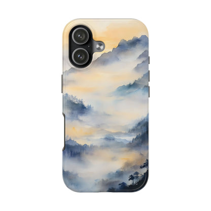 iPhone case with serene watercolor mountain landscape and mist in blue and yellow tones