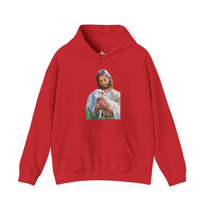 Red Christian hoodie featuring gentle Jesus holding a lamb, faith-inspired apparel
