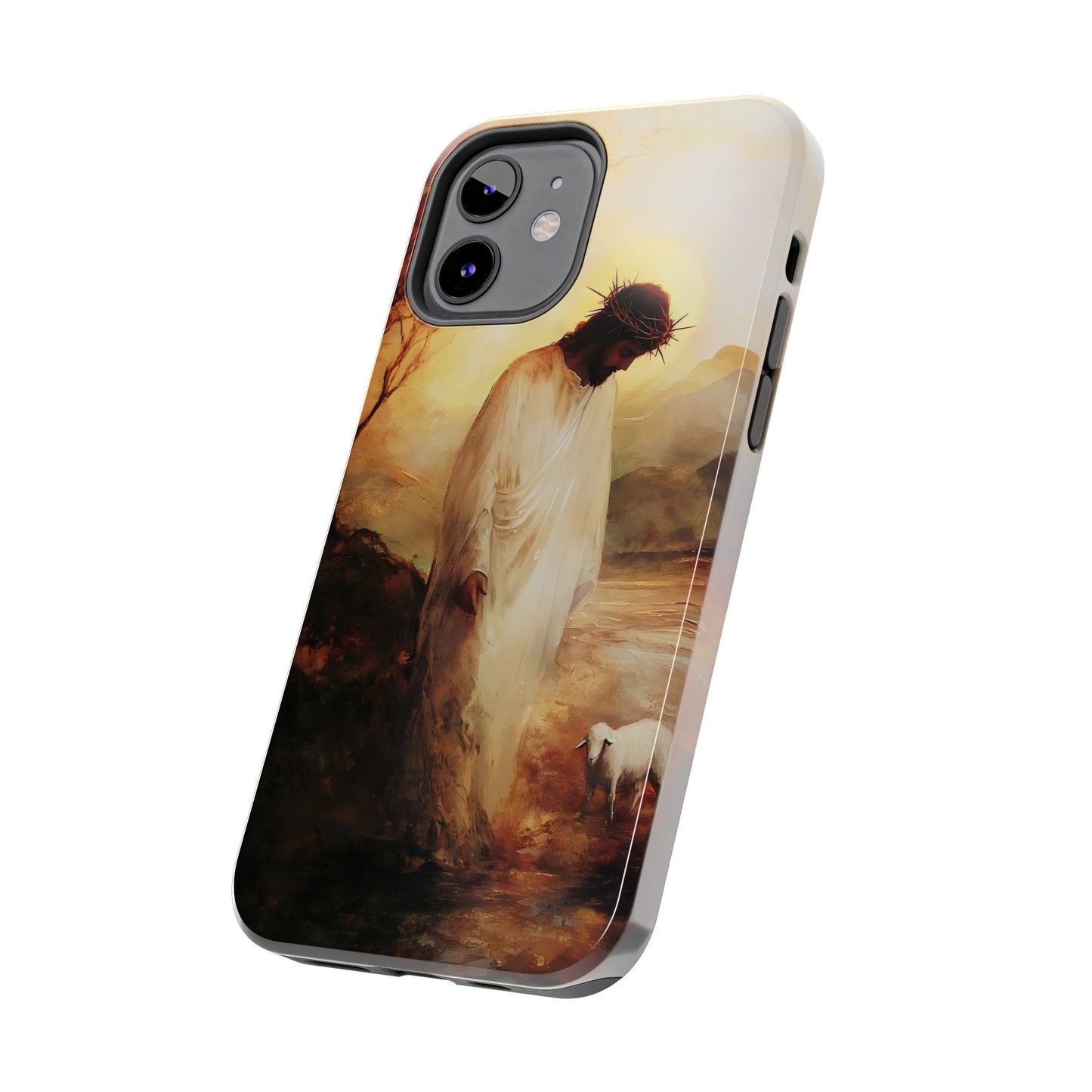 Christian phone case with artistic depiction of Jesus and a lamb in soft, spiritual tones