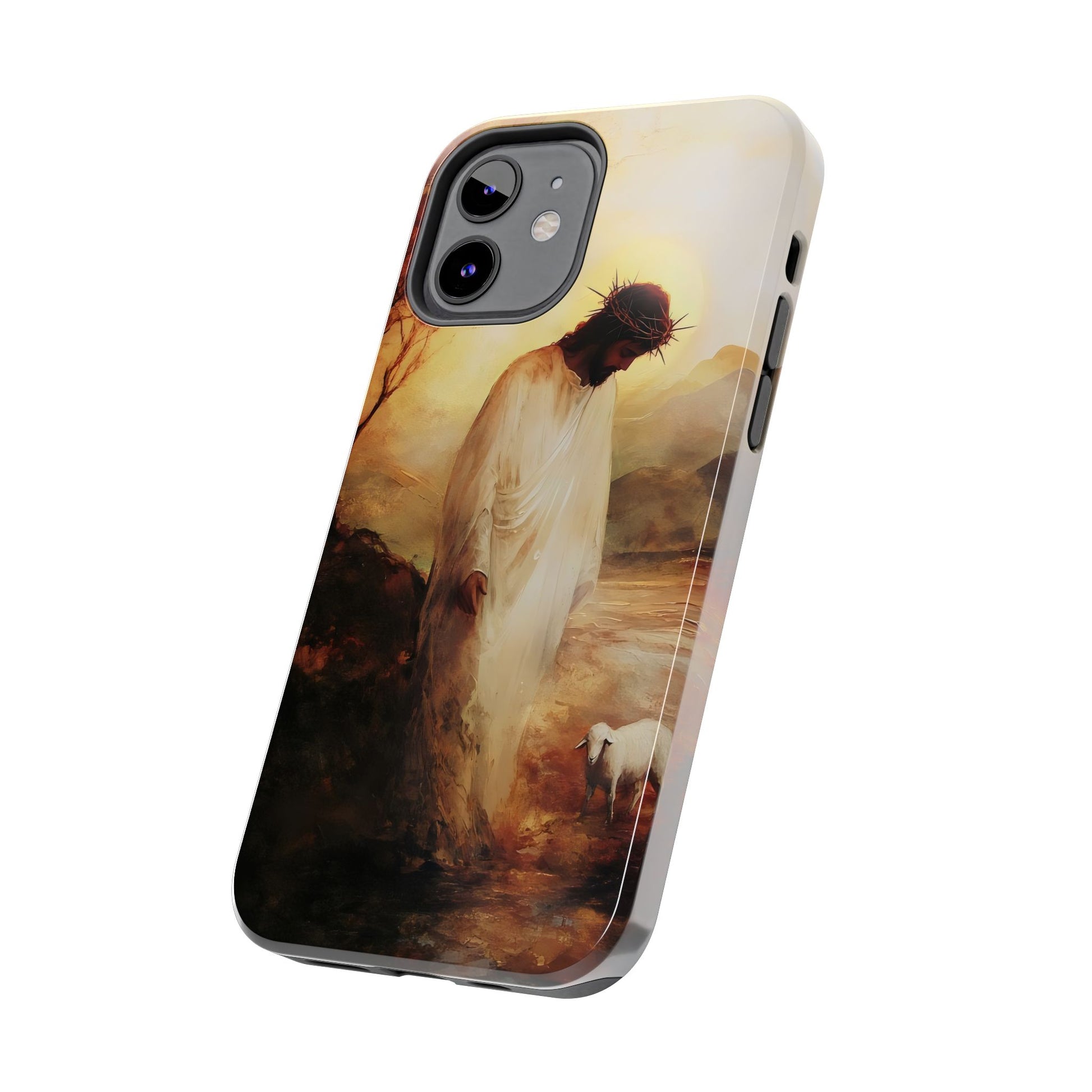 Christian phone case with artistic depiction of Jesus and a lamb in soft, spiritual tones