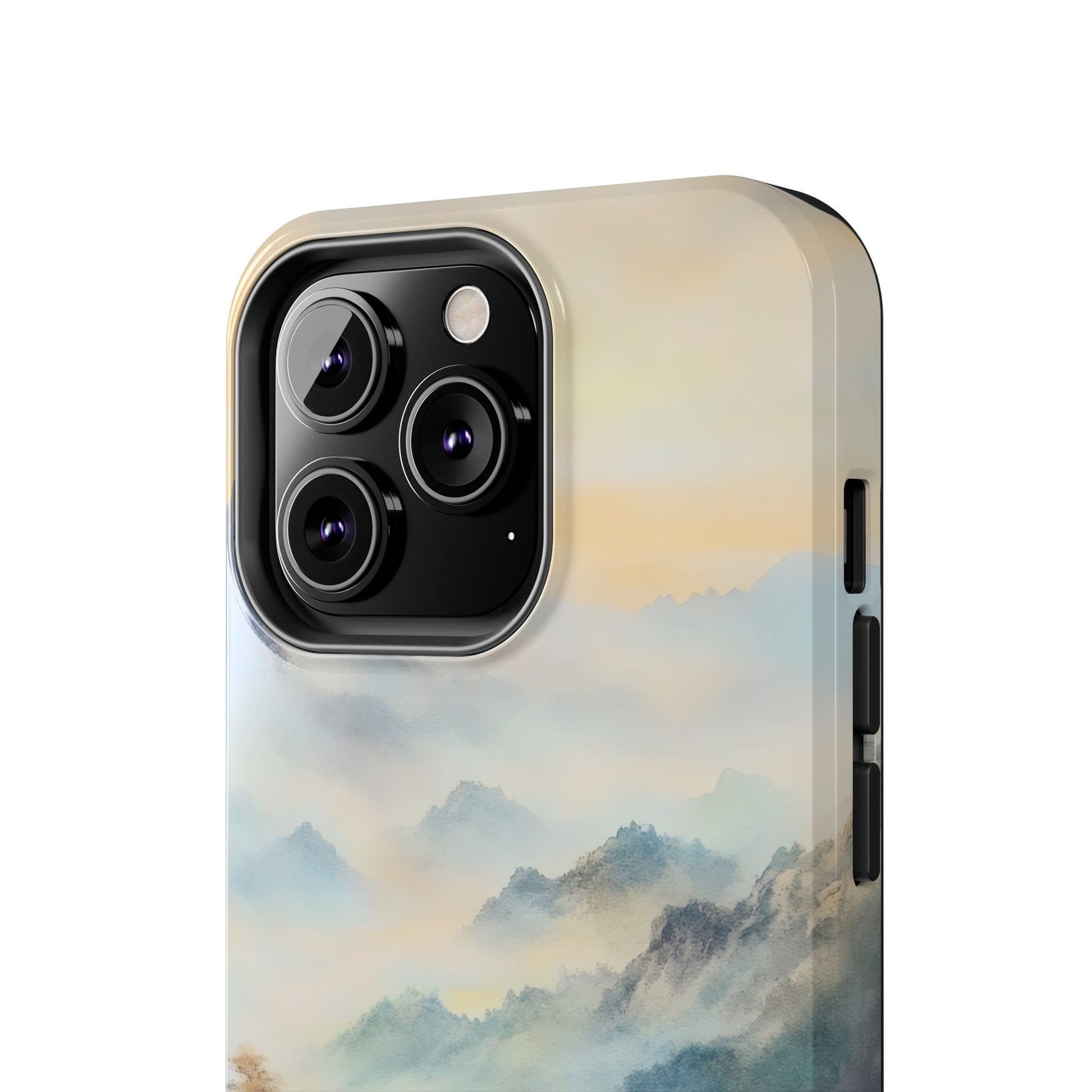 Phone case with serene mountain landscape and pastel mist, spiritual and calming design