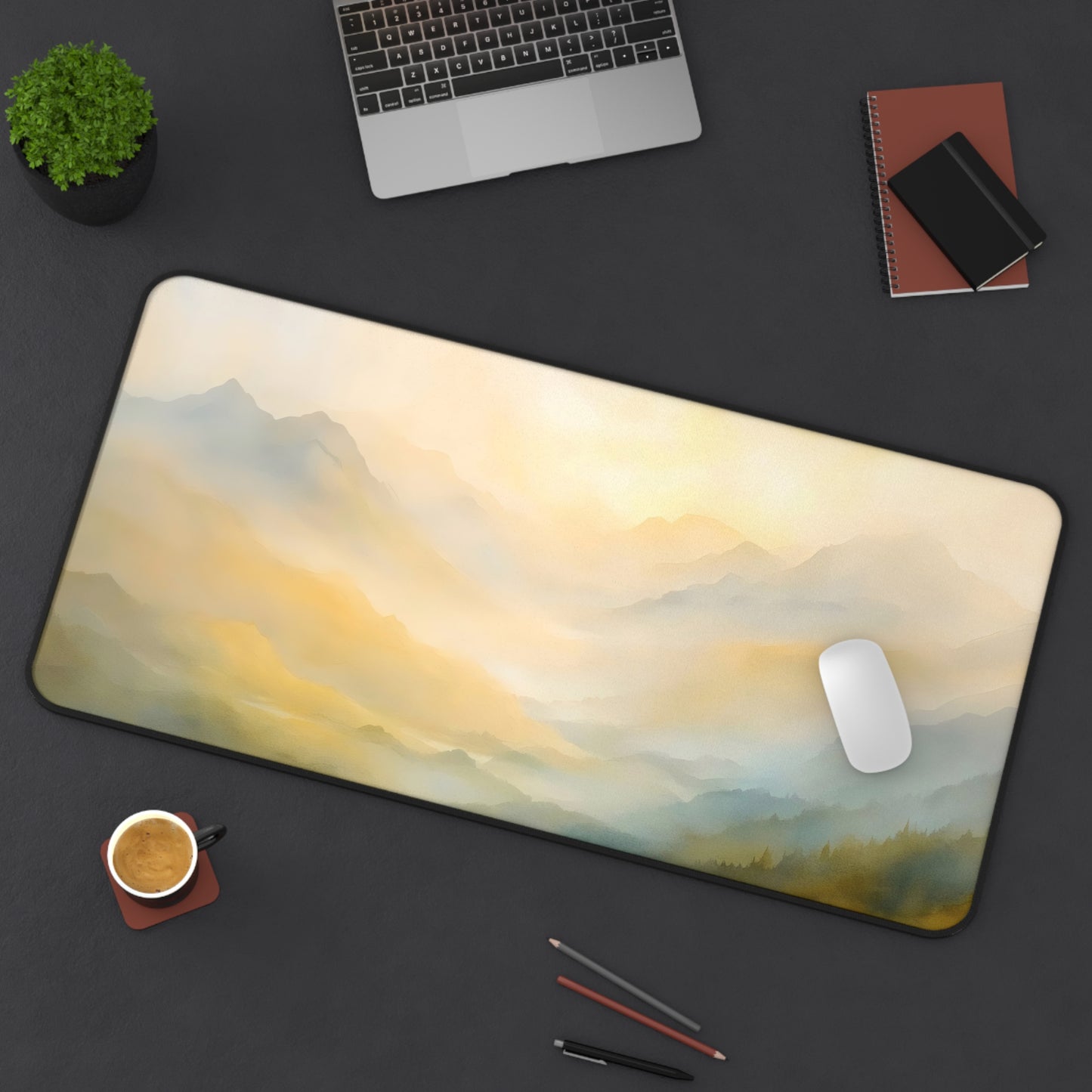 Soft Sunrise Mountain Landscape Desk Mat | Misty Mountains Mouse Pad