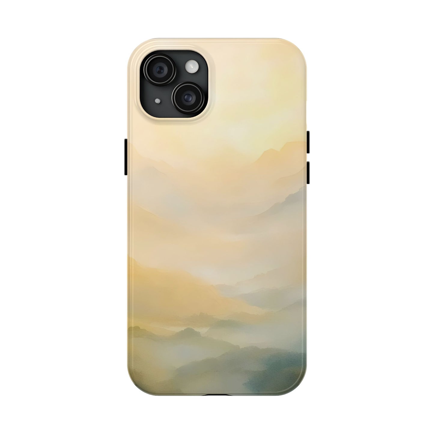 Phone case with serene pastel mountain landscape, spiritual and mindful nature design