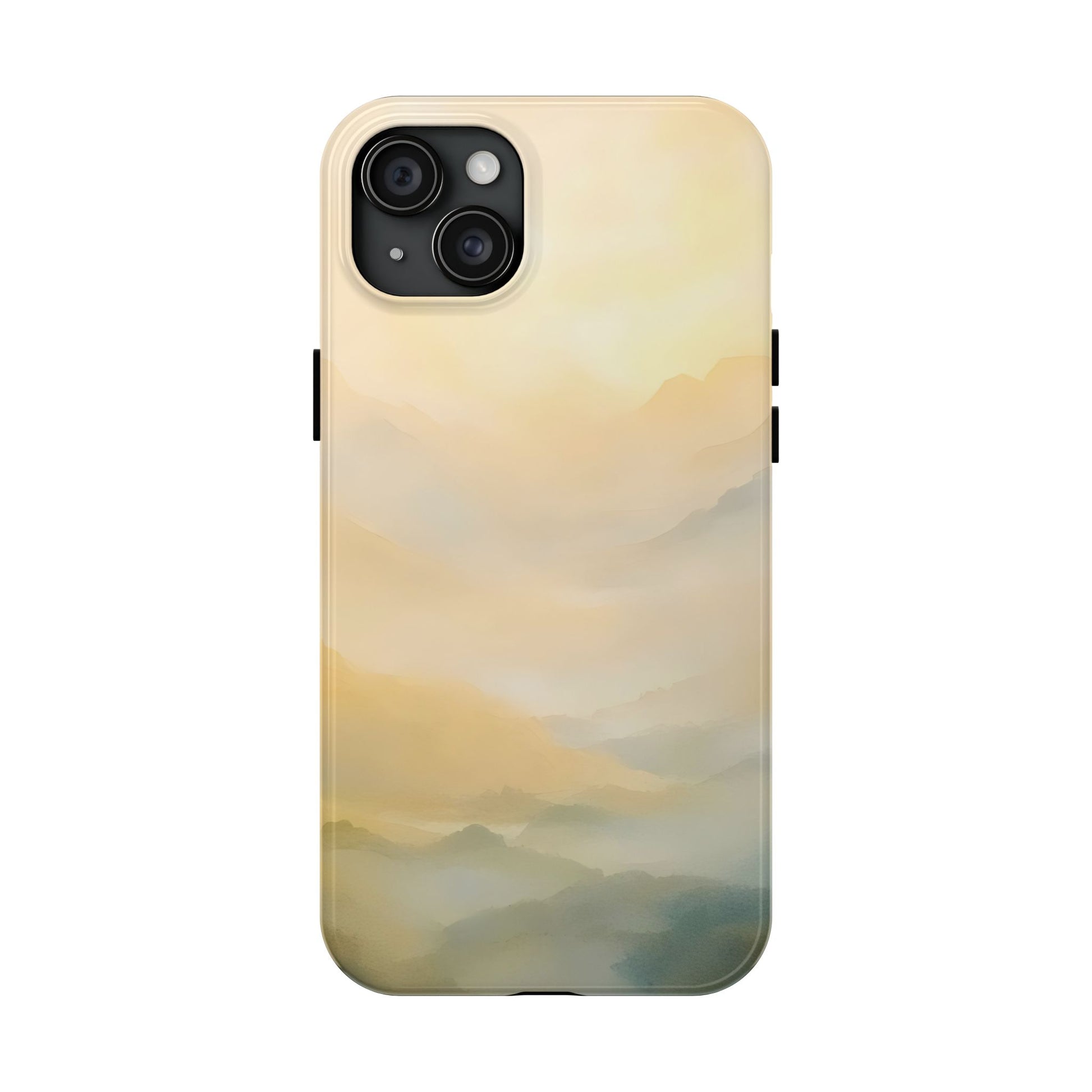 Phone case with serene pastel mountain landscape, spiritual and mindful nature design