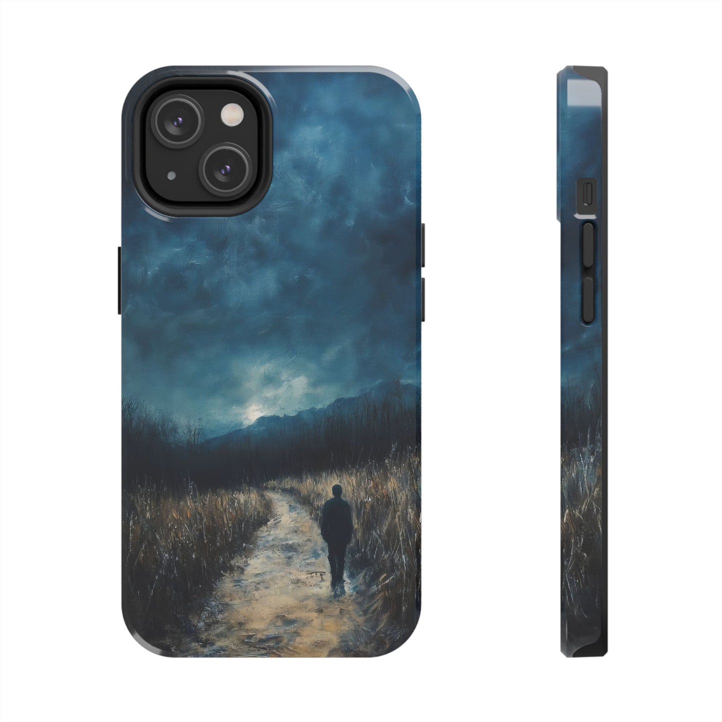 Phone case with artwork of a solitary figure walking on a path through tall grass under a moody sky