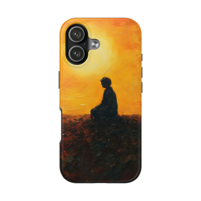 Phone case with silhouette of person meditating at sunset, spiritual peaceful design