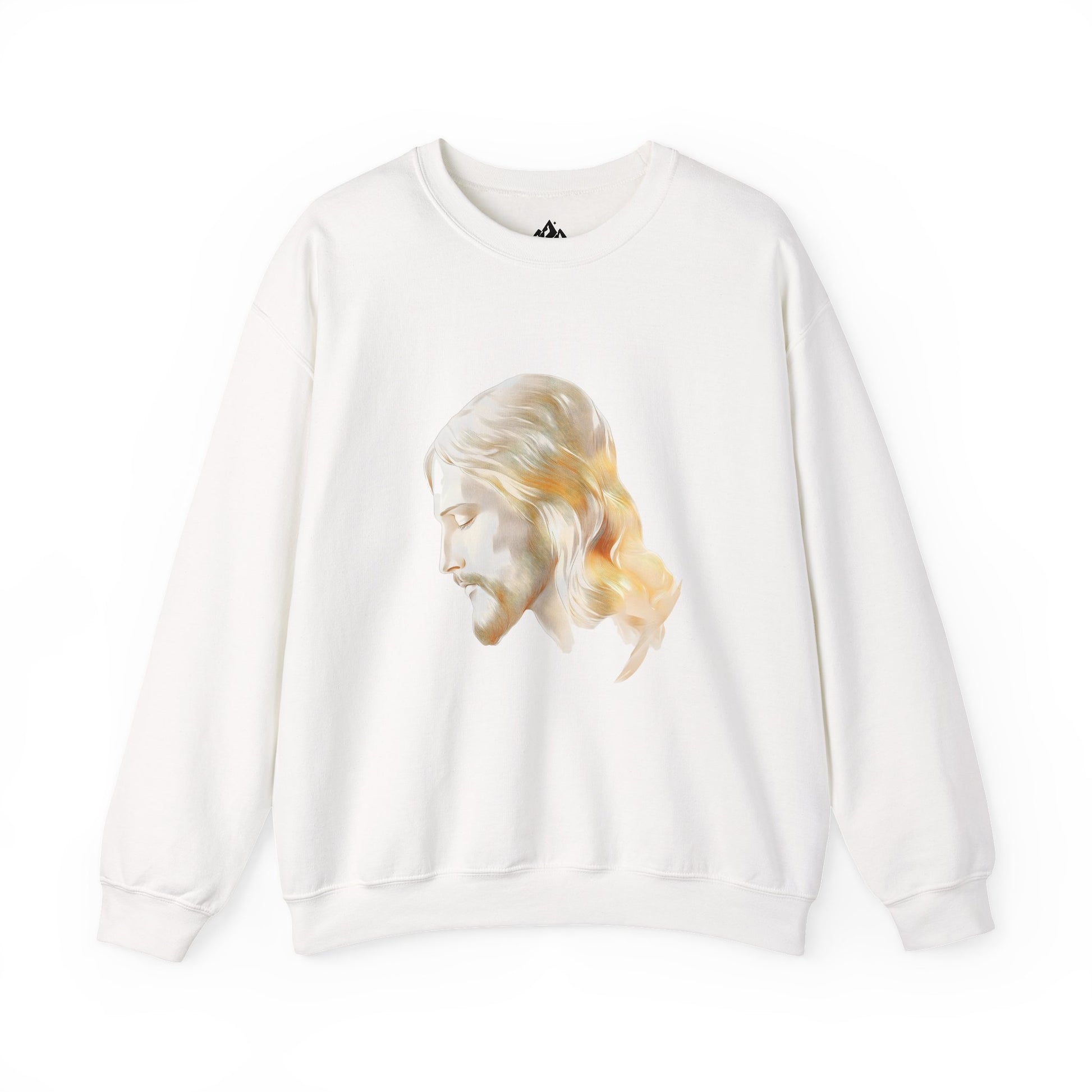 White crewneck sweatshirt with artistic illustration of Jesus' face, Christian apparel