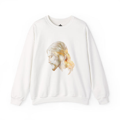 White crewneck sweatshirt with artistic illustration of Jesus' face, Christian apparel