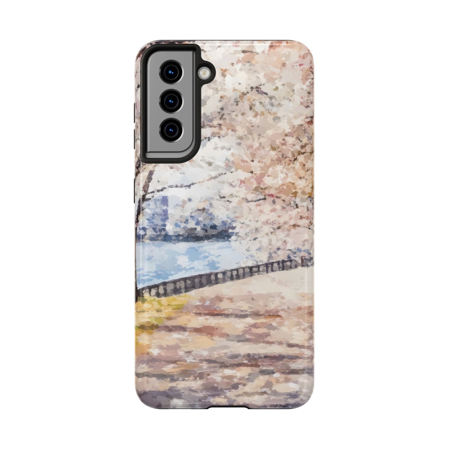 Phone case with watercolor cherry blossoms and peaceful riverside path design
