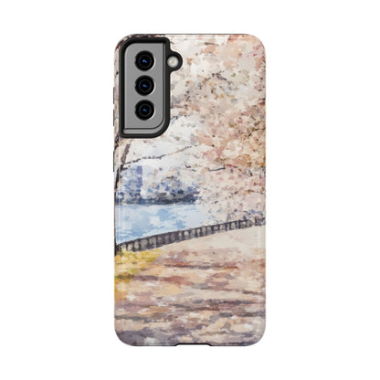 Phone case with watercolor cherry blossoms and peaceful riverside path design