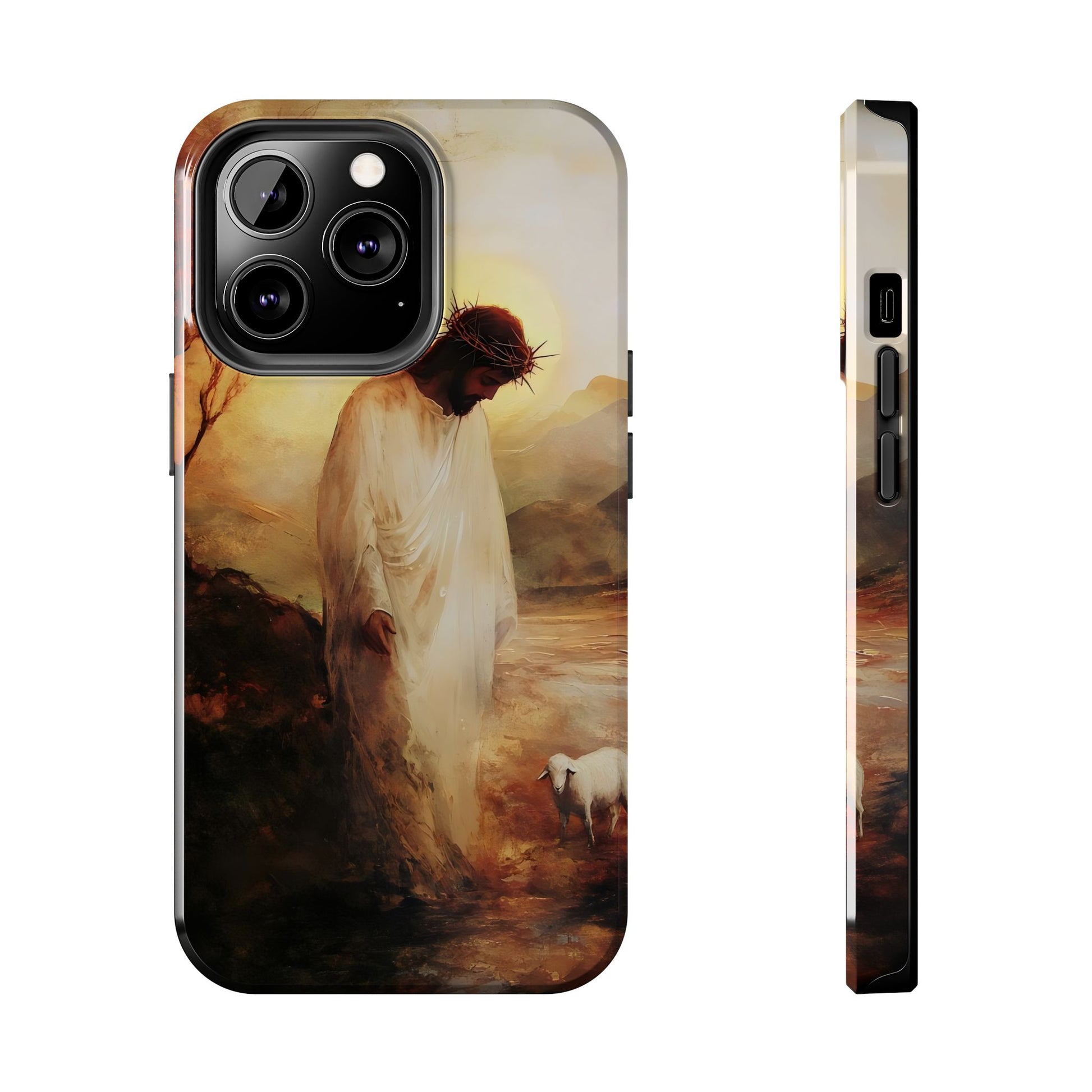 Christian phone case with Jesus in white robe and crown of thorns beside a lamb, sunset background