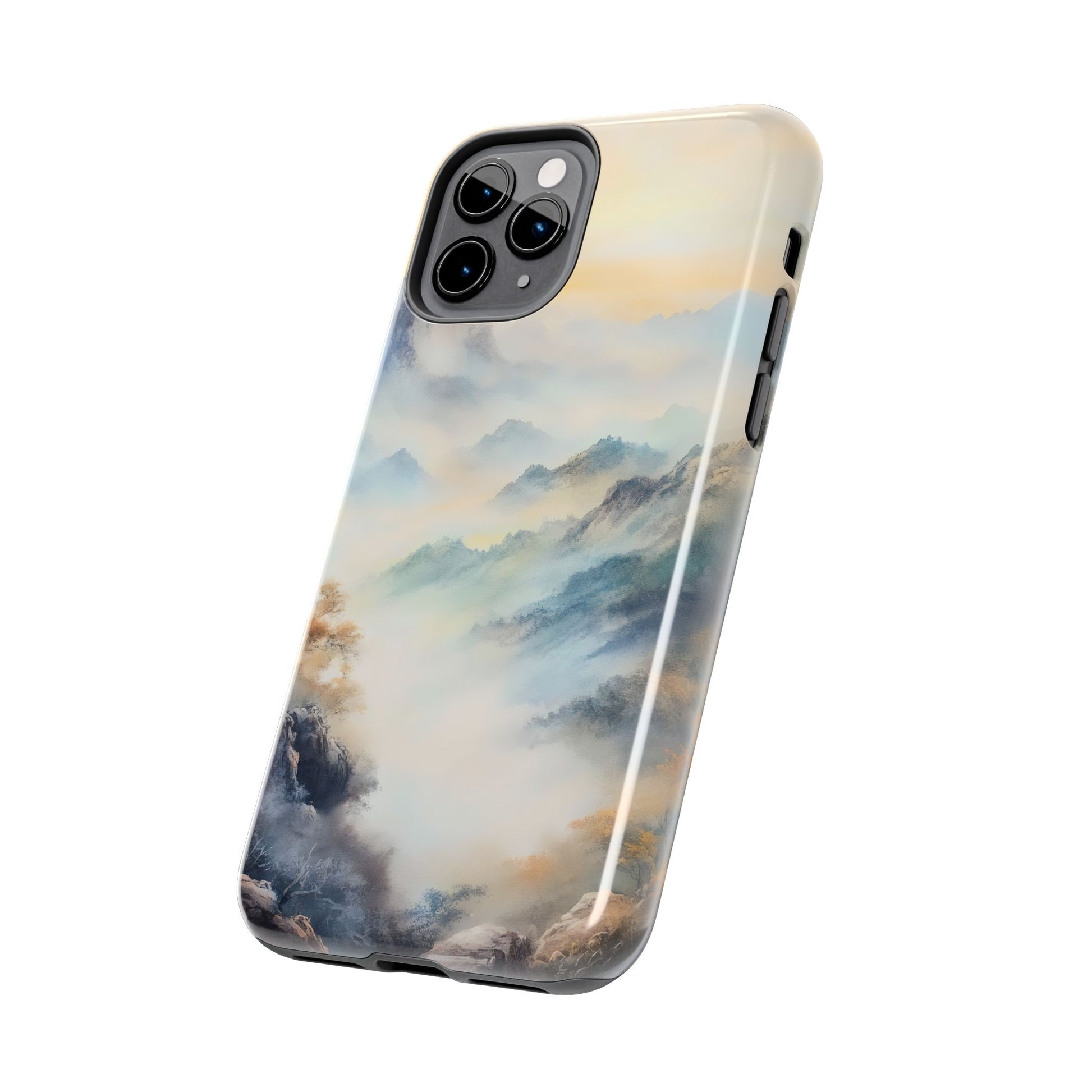 iPhone case with serene mountain landscape and misty sky design, spiritual home decor accessory