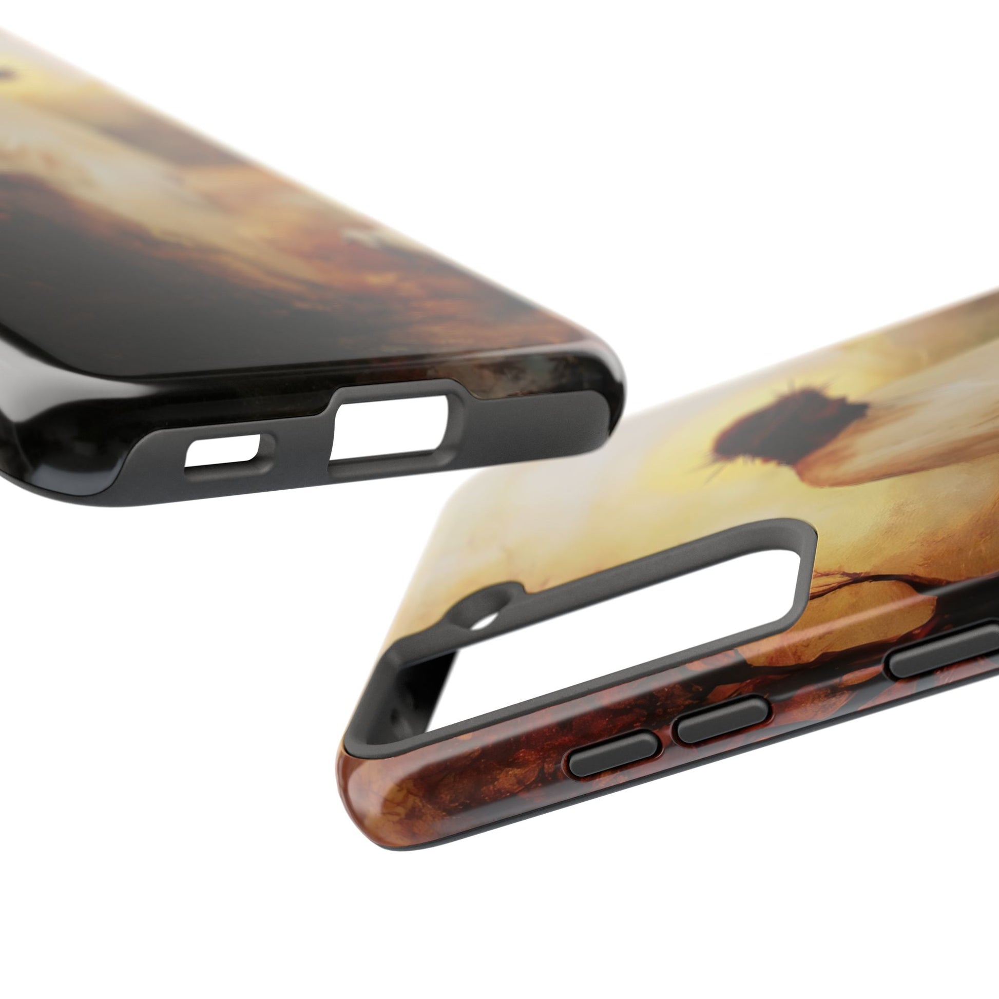 Christian phone case with abstract image of Jesus on the cross, close-up of cutouts and buttons