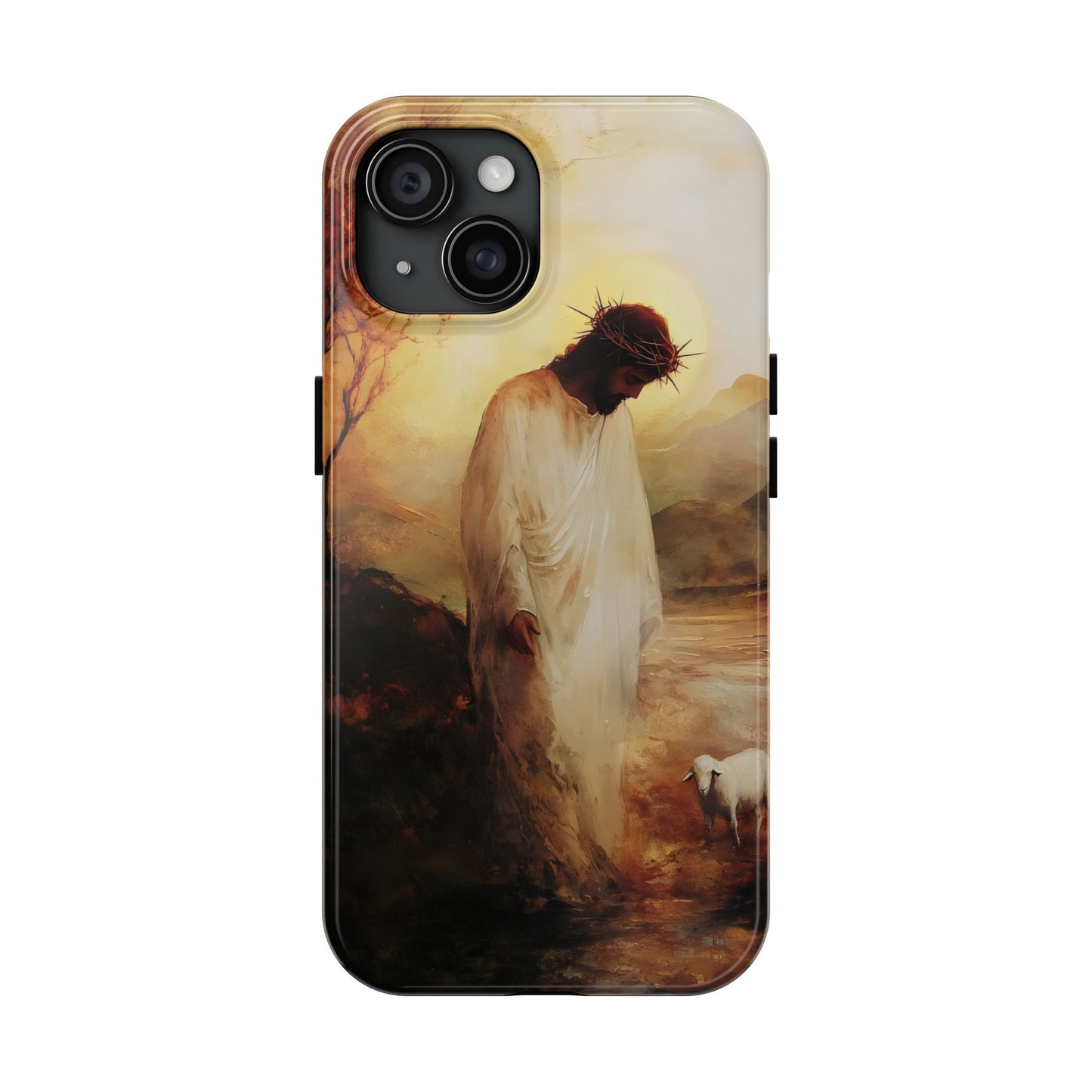 Christian phone case with Jesus in white robe and crown of thorns, standing beside a lamb