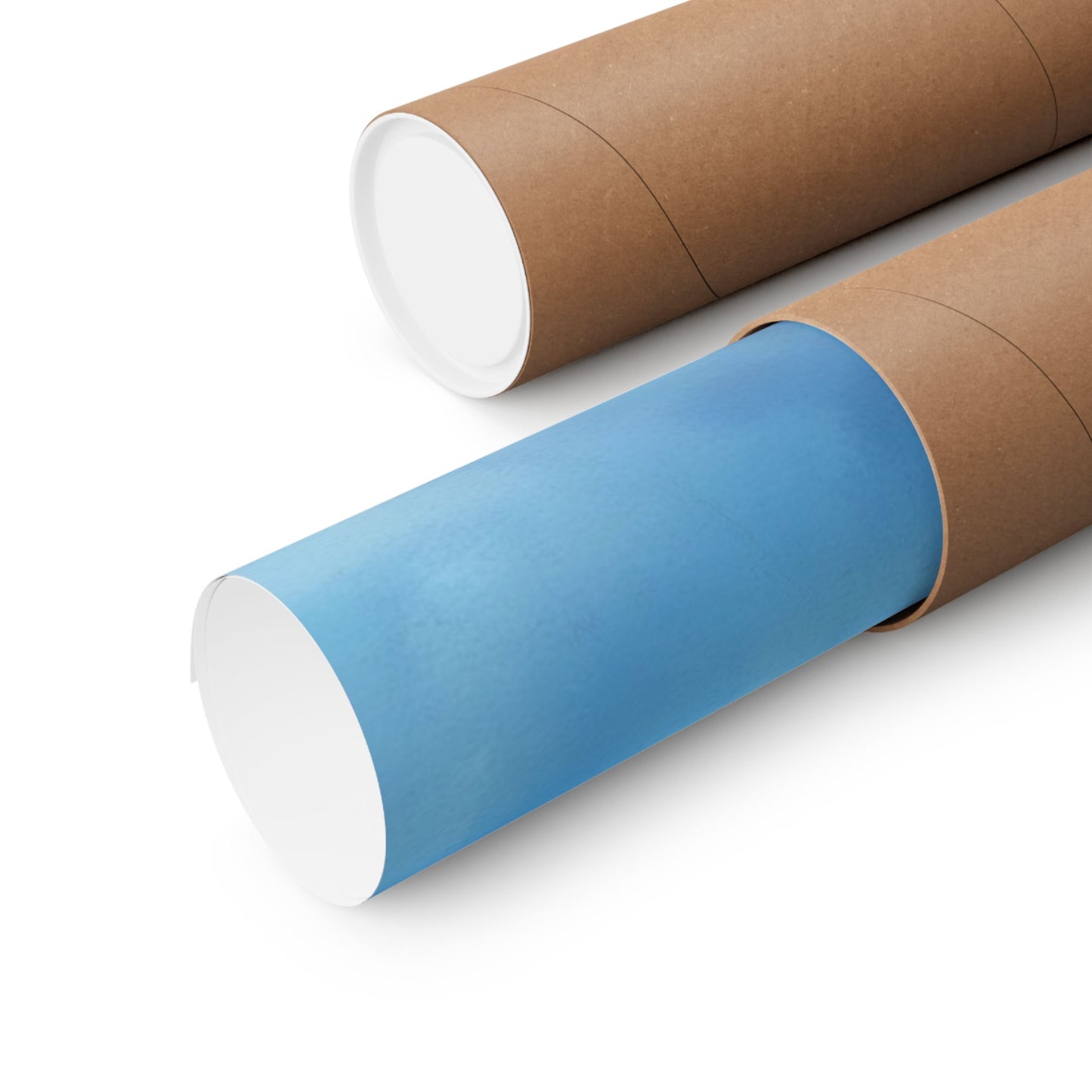 Blue wall art poster rolled in a brown mailing tube on white background