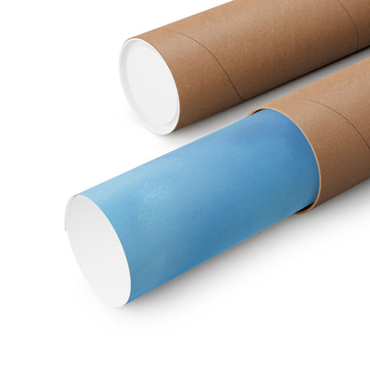 Blue wall art poster rolled in a brown mailing tube on white background