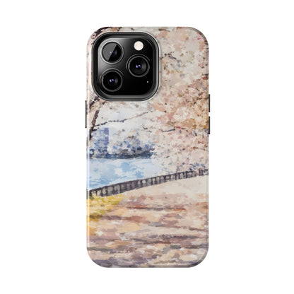 Abstract pastel phone case with a tranquil riverside, blooming trees, and soft spring colors